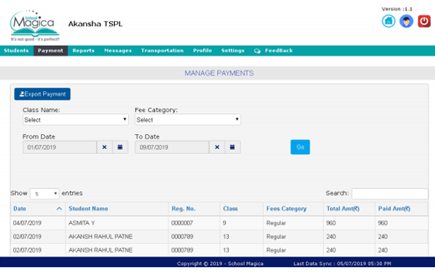 Payment Details of student