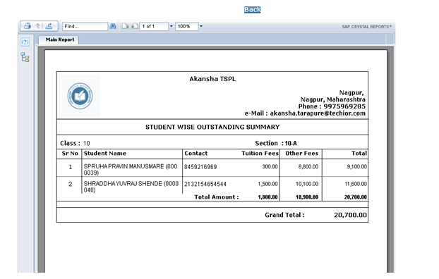 Student outstanding report