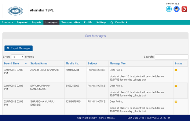 Sent Messages to students/parents