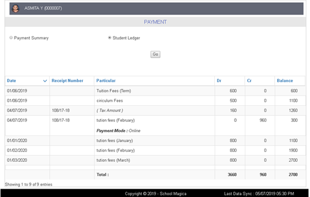 Student payment details report